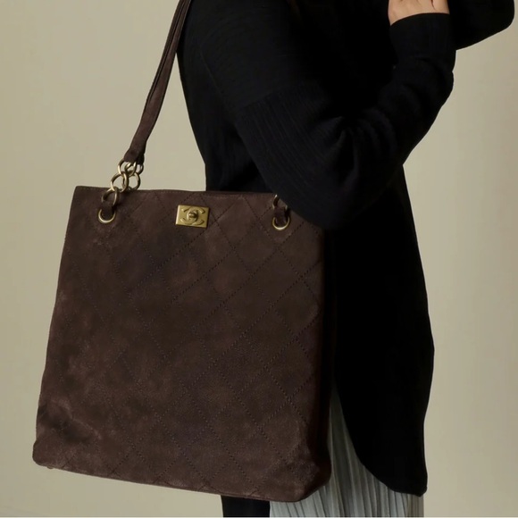 CHANEL Handbags - CHANEL Dark Brown Quilted Suede Shoulder Tote with Gold Hardware